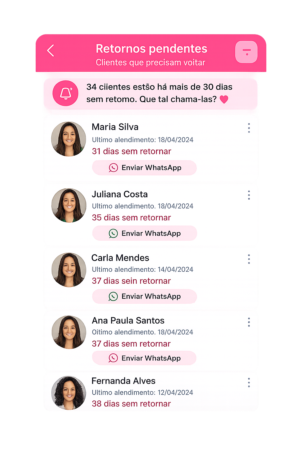 Tela de retornos pendentes no app Aura Gestão