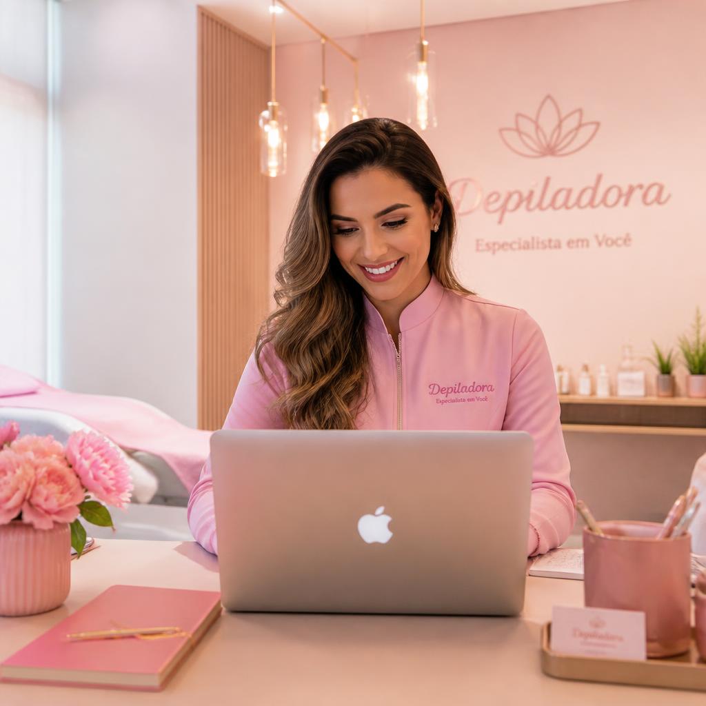 Depiladora usando o sistema Aura Gestão em seu notebook