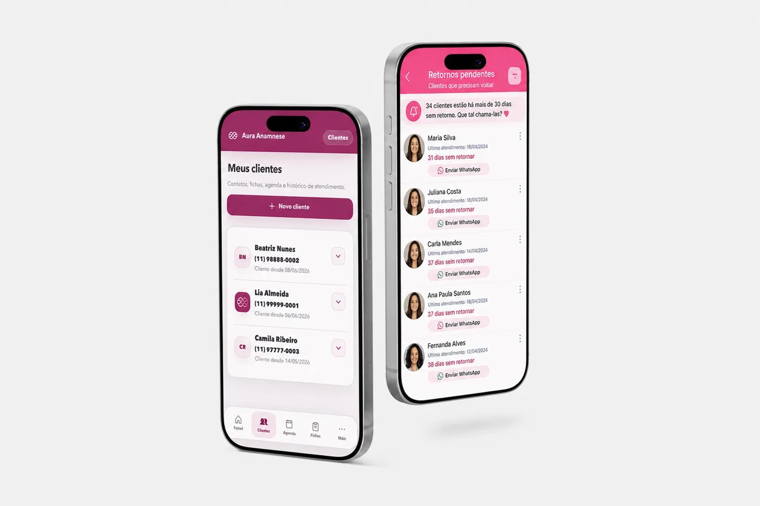 Dois celulares com as telas de retornos pendentes e clientes do Aura Anamnese