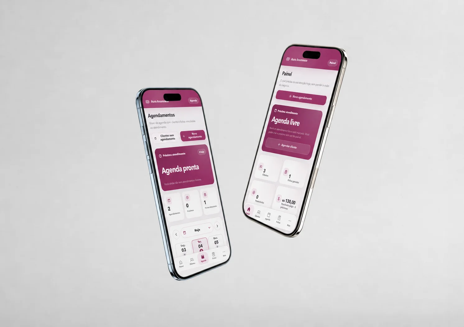 Dois celulares com o painel e a agenda do Aura Anamnese
